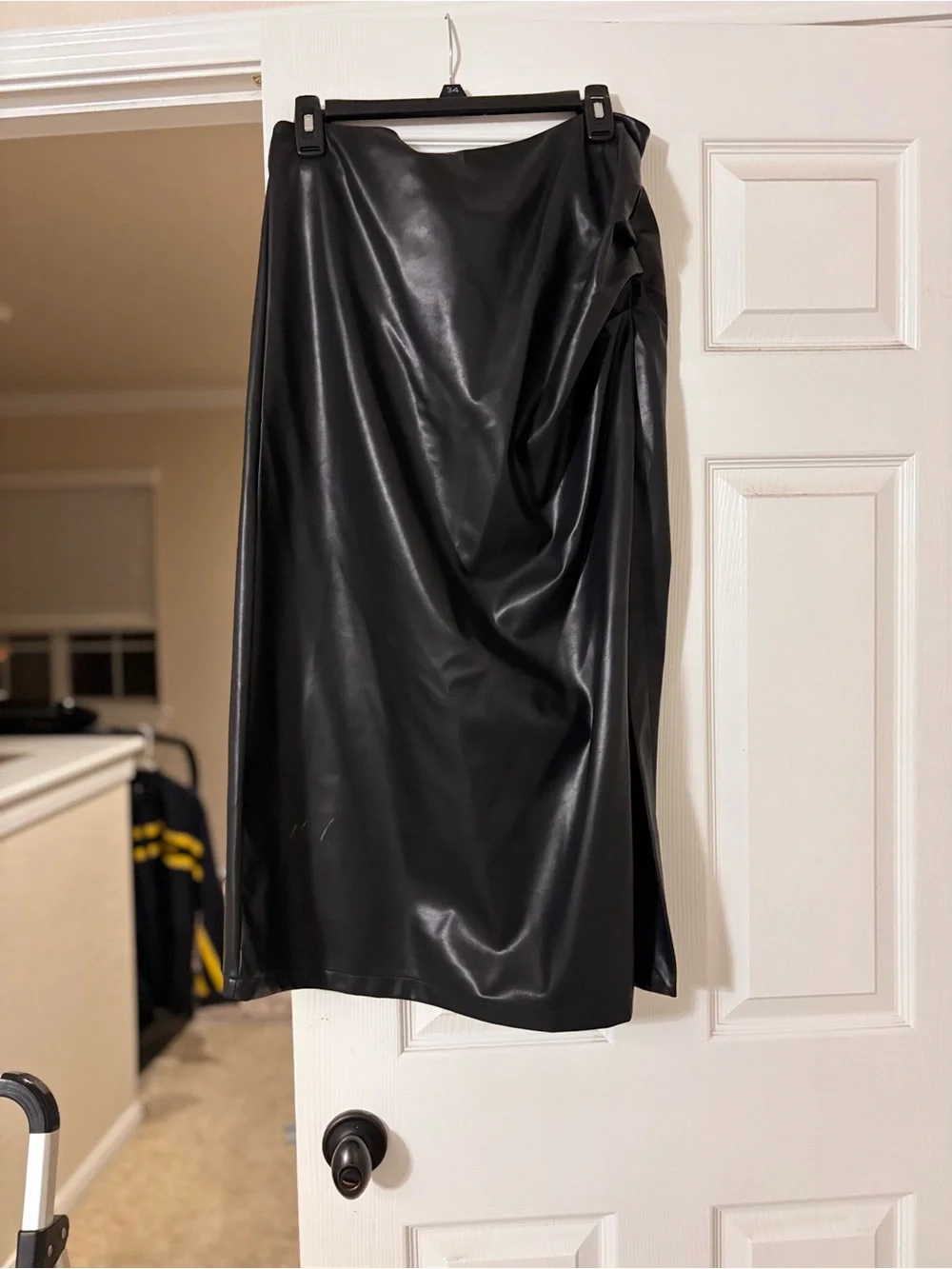 Commense Black Faux Leather Midi Skirt with Side Draping